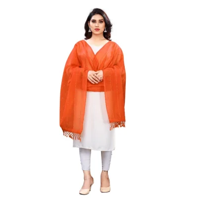 Generic Women’s Cotton Silk Strips Printed Dupatta (Orange, Length:2-2.4 mtr)