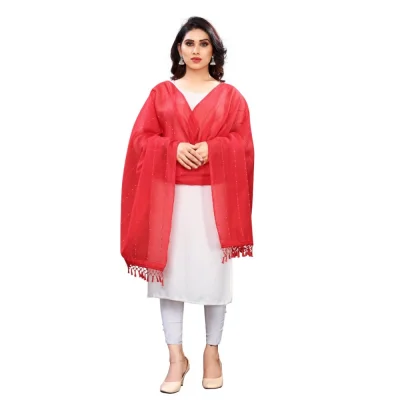 Generic Women’s Cotton Silk Strips Printed Dupatta (Red, Length:2-2.4 mtr)