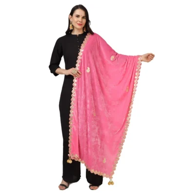 Generic Women’s Velvet Gotta Patti Dupatta (Pink, Length: 2.25 to 2.50 Mtr)