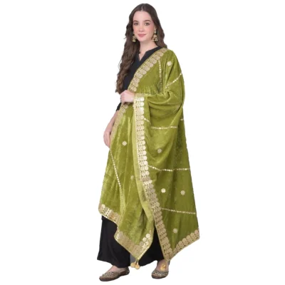 Generic Women’s Velvet Gotta Patti Dupatta (Olive, Length: 2.25 to 2.50 Mtr)