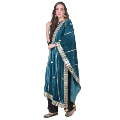 Generic Women’s Velvet Gotta Patti Dupatta (Teal, Length: 2.25 to 2.50 Mtr)