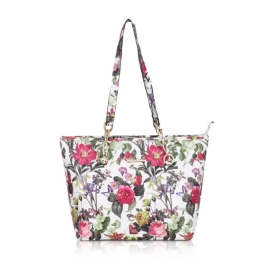 Women’s Faux Leather Printed Tote Bag (White Pink)