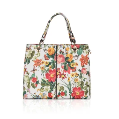 Women’s Faux Leather Printed Handheld Bag (White Orang)