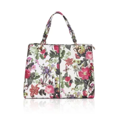 Women’s Faux Leather Printed Handheld Bag (White Pink)