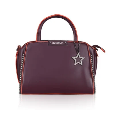 Women’s Faux Leather Metal Beads Handbag (Wine Red)
