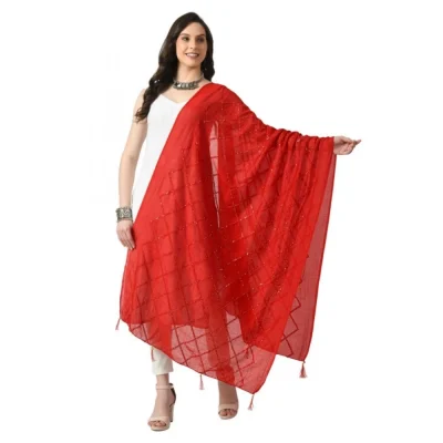 Generic Women’s Chanderi Self Design Dupatta (Red, Length: Free Size)
