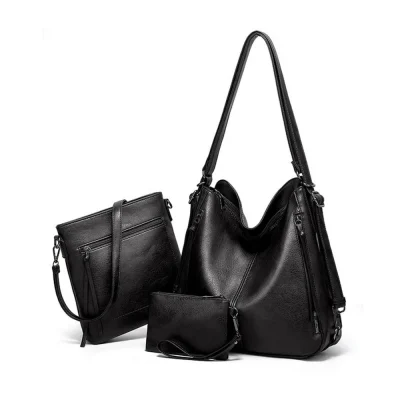 Women’s PU Leather Medium Shoulder Zipper Handbag (Black)