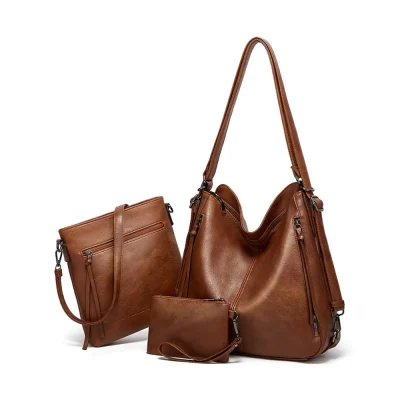 Women’s PU Leather Medium Shoulder Zipper Handbag (Brown)