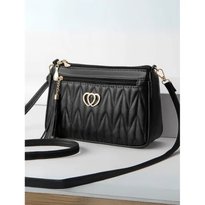 Women’s PU Leather Zipper Sling Bag (Black)