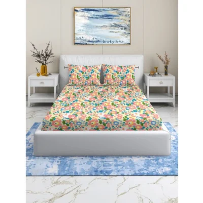 Generic Cotton Blend Floral Printed Double Bedsheet with 2 Pillow Covers (Yellow)