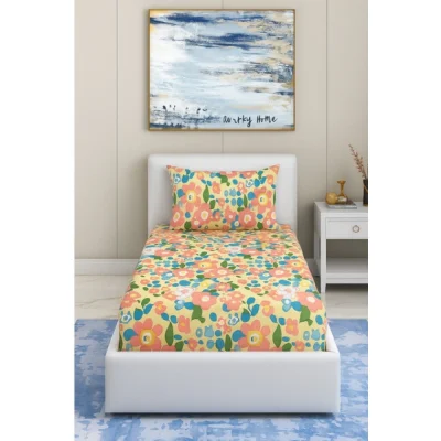 Generic Cotton Blend Floral Printed Single Bedsheet with 1 Pillow Cover (Yellow)