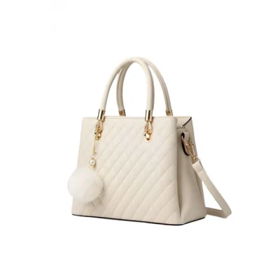 Women’s PU Leather Solid Shoulder Zipper Handbag (Cream)
