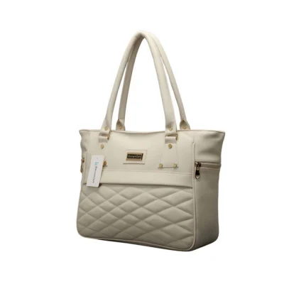 Women’s PU Leather Solid Shoulder Zipper Handbag (Cream)